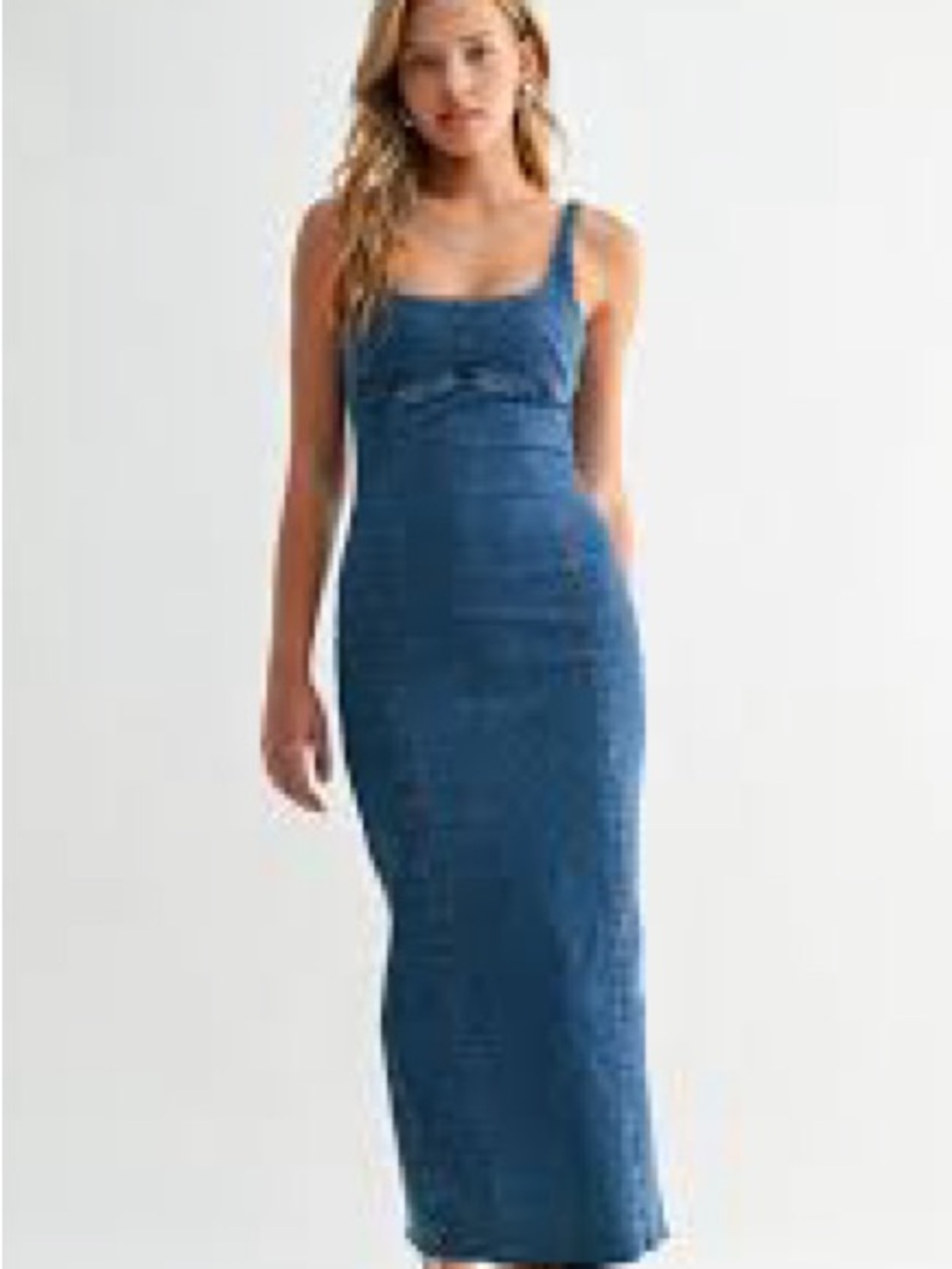 Jemina Denim & Lace Blue Square-Neck Maxi Dress with Slim Straps Sz Small